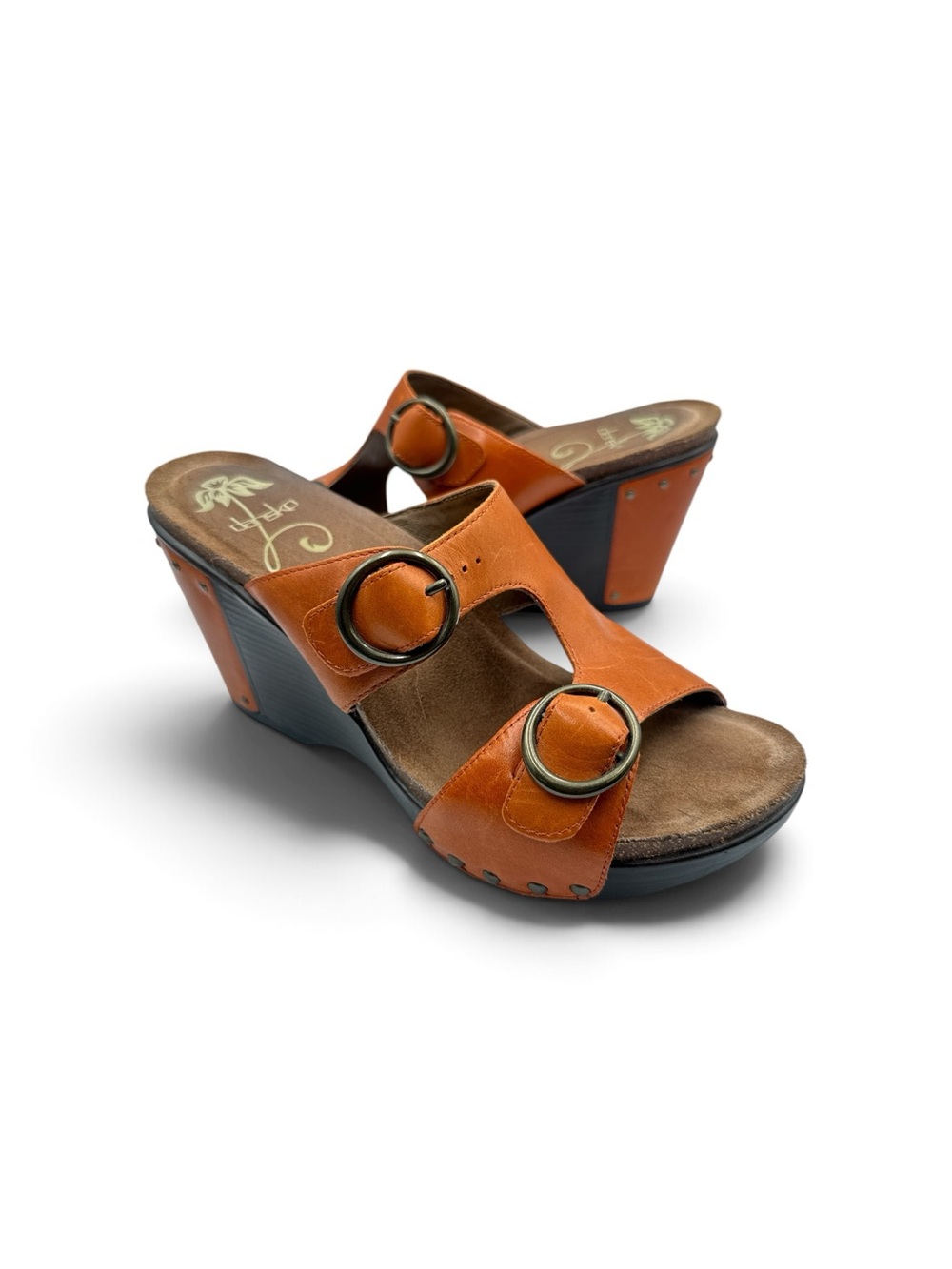 Dansko Burnt Orange Leather Fern Double Buckle Wedge Sandals Size 40 US 9.5-10